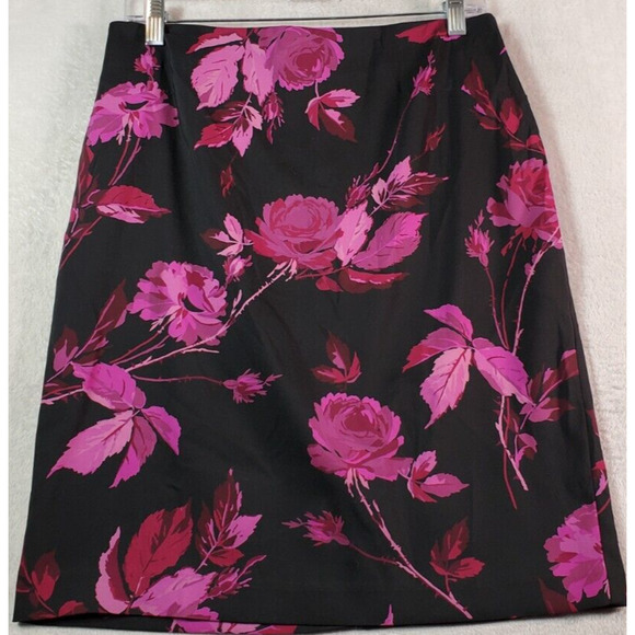 Express Skirt Womens Size 7/8 Black Magenta Floral Polyester Stretch Back Zipper - Picture 1 of 8